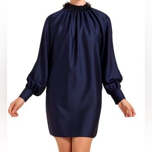 NEW Trina Turk Size XXS Night Blue Satin Terrestrial Bishop Sleeve Tunic Dress